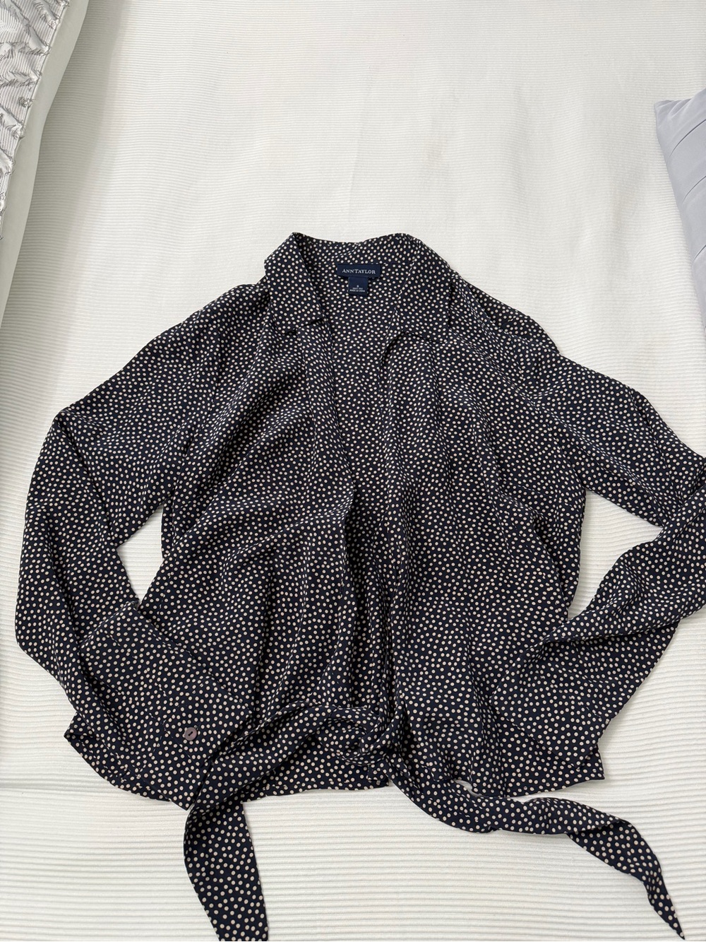 Ann Taylor Navy Polka Dot Lightweight top with tie